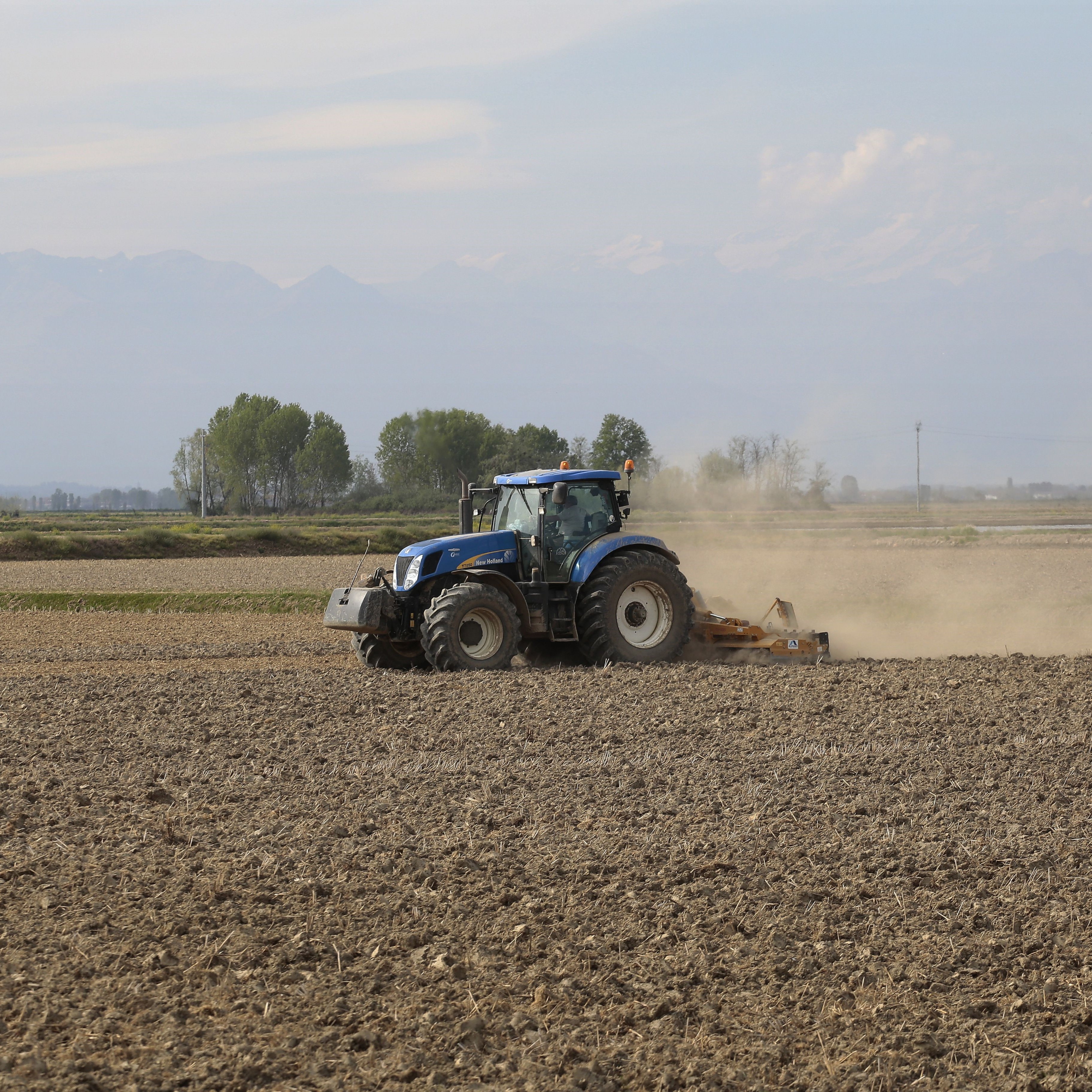 Tractor cultivating an open field